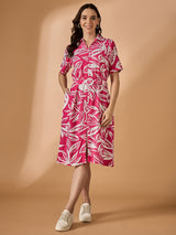 Pink Shirt Collard Printed Dress