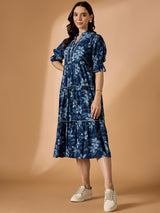 Blue Embroidered Fit & Flared Dress