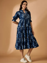 Blue Embroidered Fit & Flared Dress