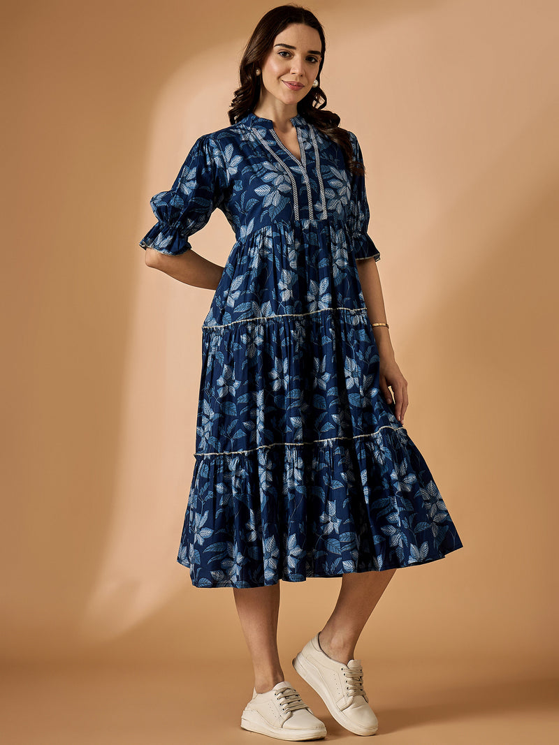 Blue Embroidered Fit & Flared Dress