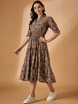 Brown Floral Printed Fit & Flared Dress