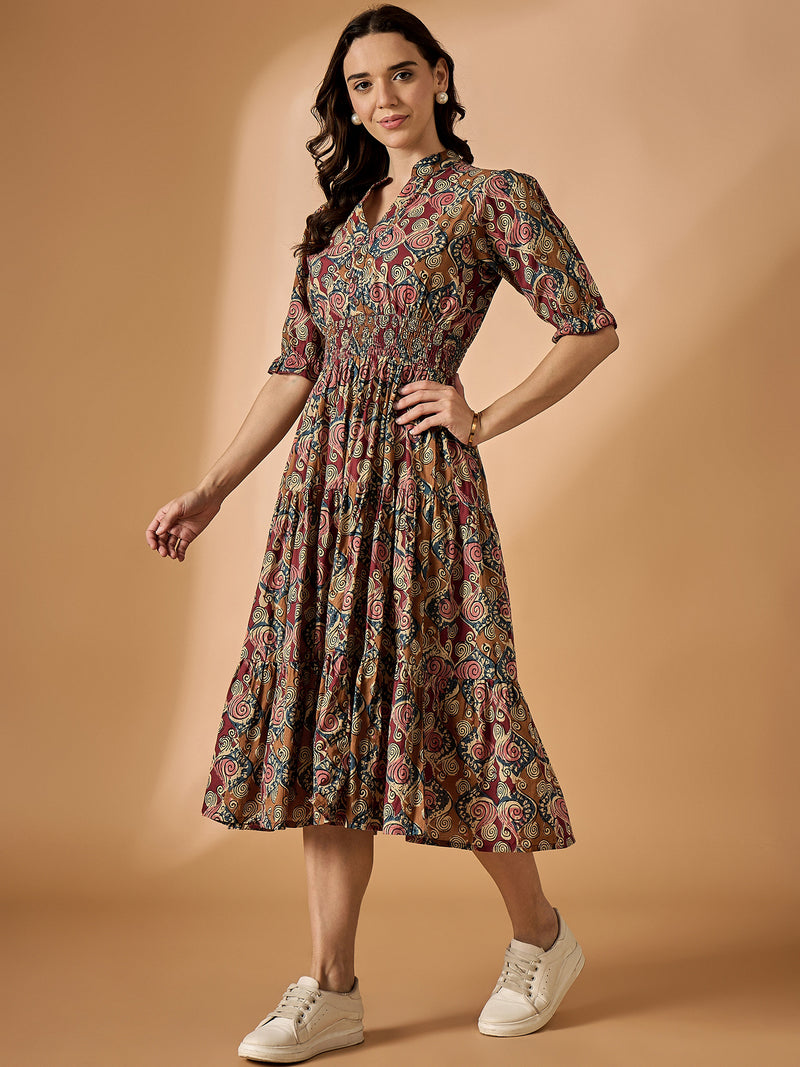 Brown Floral Printed Fit & Flared Dress