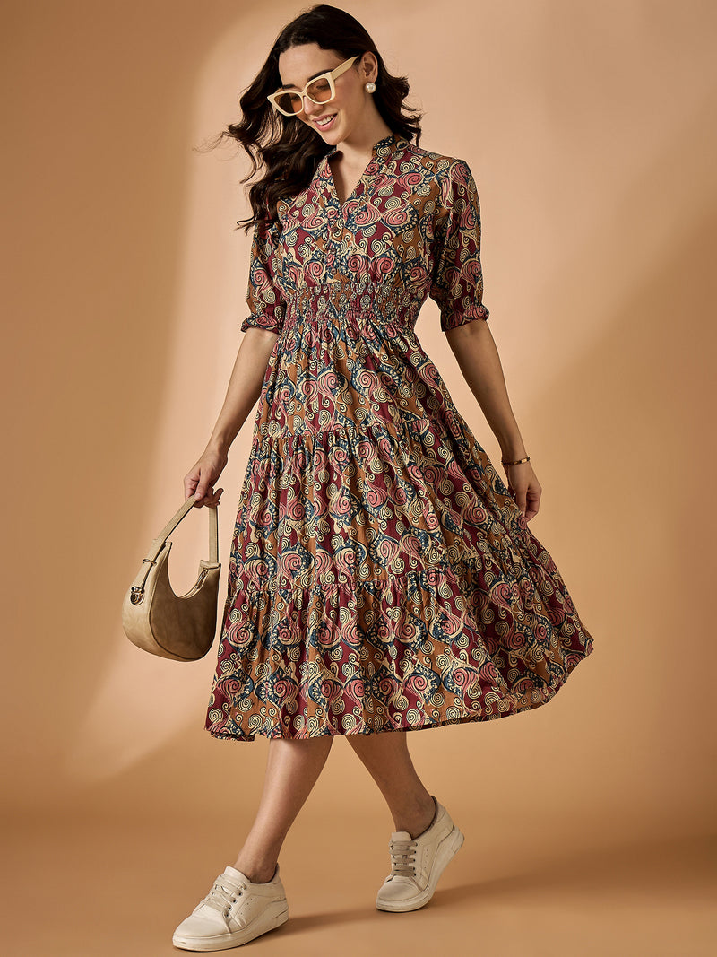 Brown Floral Printed Fit & Flared Dress
