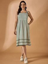 Green Square Neck Striped Dress
