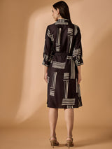 Printed Black Cotton Shirt Collar Knee-Length Dress with Belt