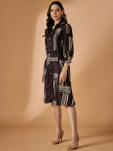 Printed Black Cotton Shirt Collar Knee-Length Dress with Belt