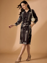 Printed Black Cotton Shirt Collar Knee-Length Dress with Belt