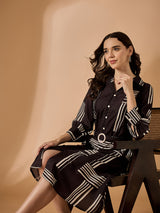 Printed Black Cotton Shirt Collar Knee-Length Dress with Belt