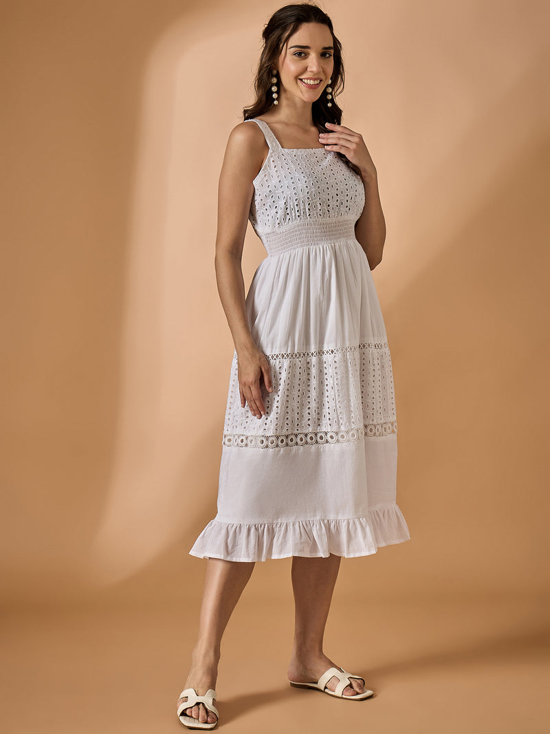 White Schiffli Fit & Flared Dress