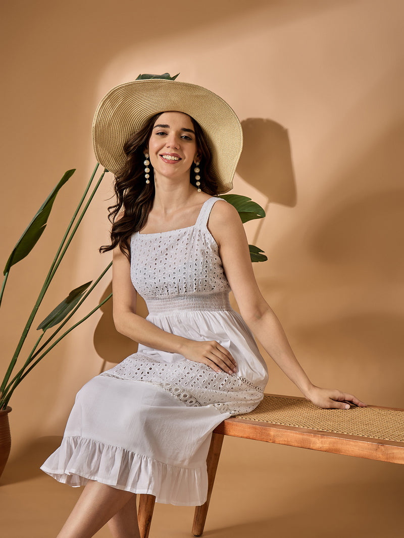 White Schiffli Fit & Flared Dress