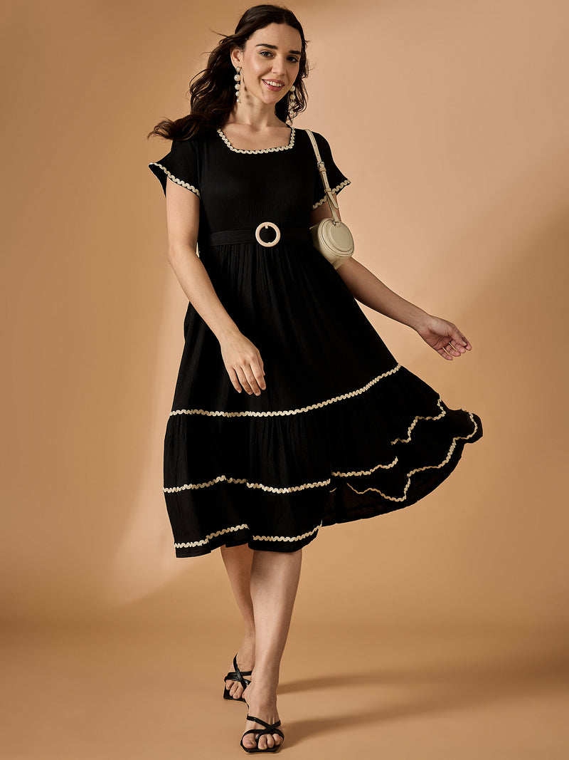 Black Solid Fit & Flared Dress