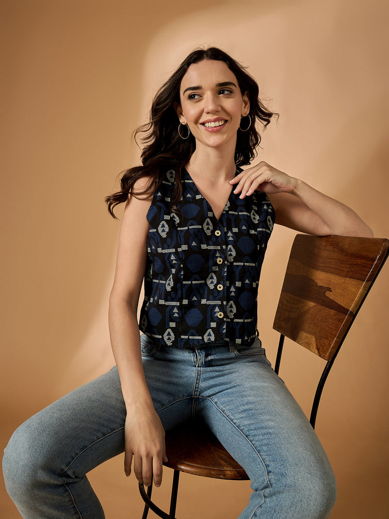 Abstract Blue Printed Vest