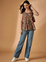 Brown Floral Printed Sleeveless Top