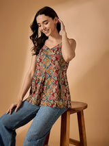 Brown Floral Printed Sleeveless Top