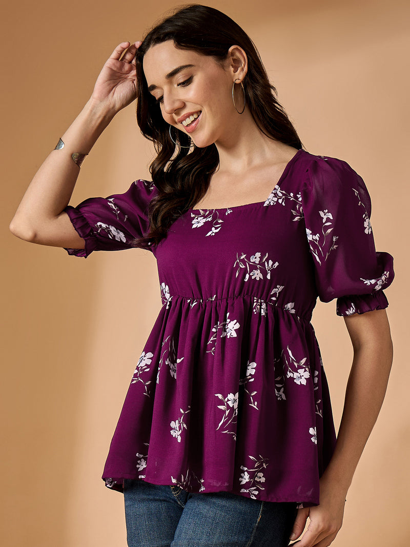 Maroon Floral Printed Empire Top