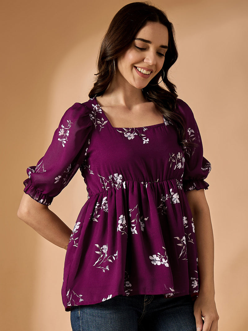 Maroon Floral Printed Empire Top