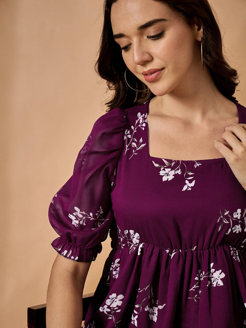 Maroon Floral Printed Empire Top