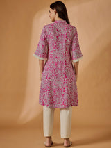 Pink Floral Printed A-Line Kurta