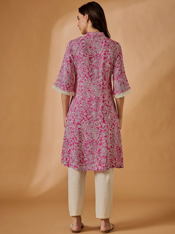 Pink Floral Printed A-Line Kurta