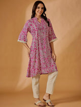 Pink Floral Printed A-Line Kurta