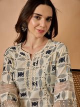 Off white Printed Blue Kurta With Palazzo