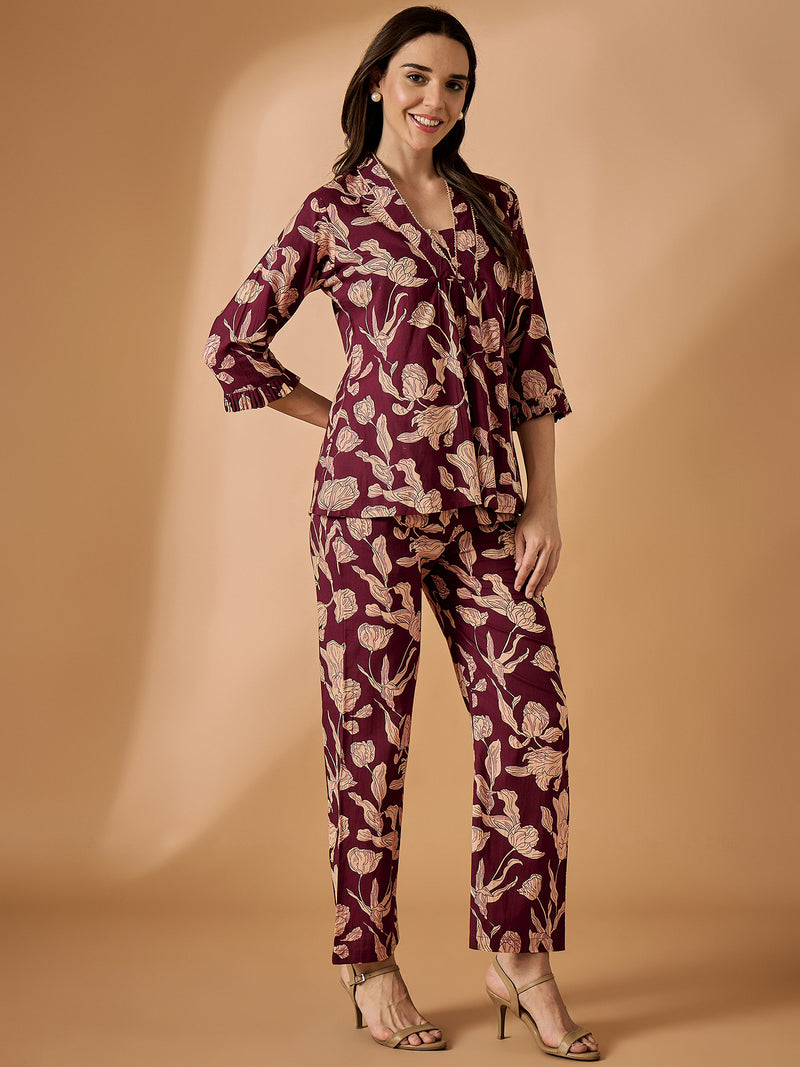 Floral Printed V neck Co-Ords Set