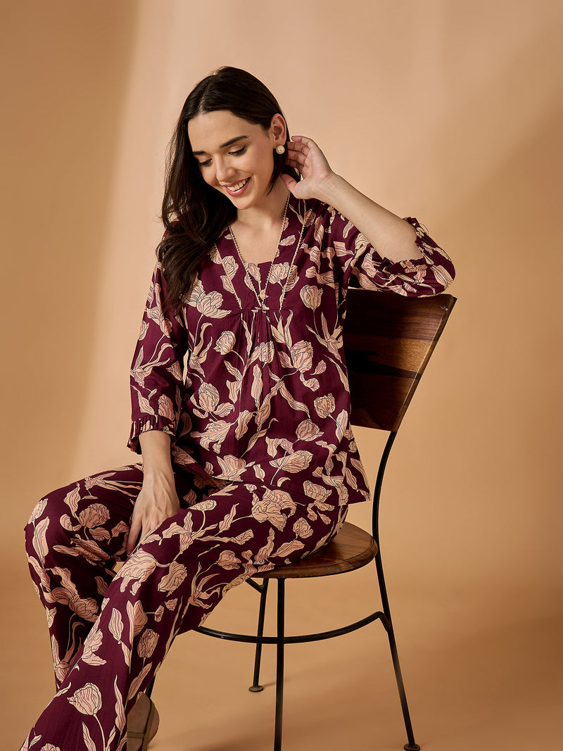 Floral Printed V neck Co-Ords Set
