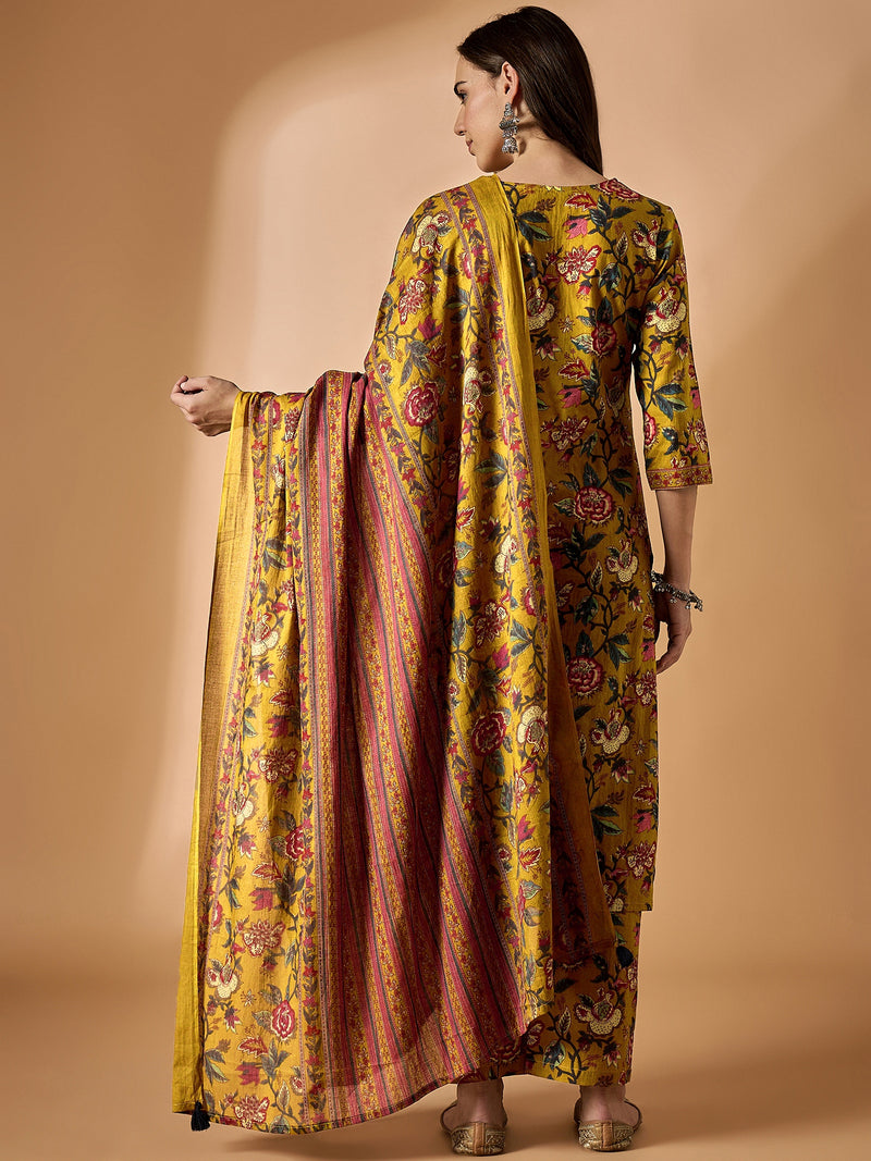 Floral Printed Kurta With Palazzo & Dupatta Set