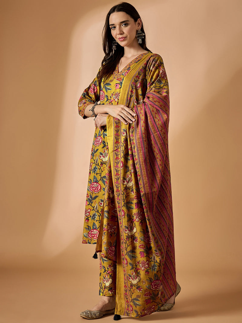 Floral Printed Kurta With Palazzo & Dupatta Set