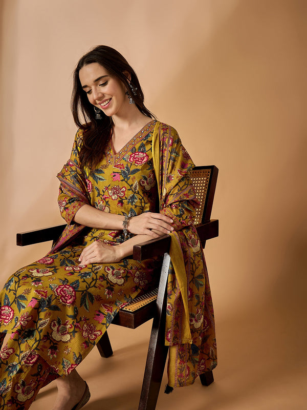Floral Printed Kurta With Palazzo & Dupatta Set