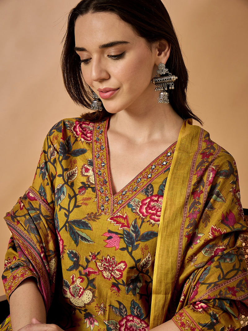 Floral Printed Kurta With Palazzo & Dupatta Set