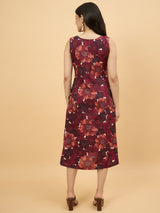 Maroon Floral Printed Sleeveless A-Line Midi Dress