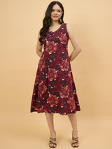 Maroon Floral Printed Sleeveless A-Line Midi Dress