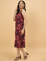 Maroon Floral Printed Sleeveless A-Line Midi Dress