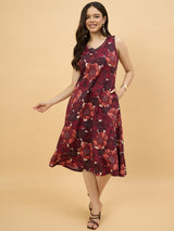 Maroon Floral Printed Sleeveless A-Line Midi Dress