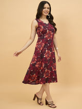 Maroon Floral Printed Sleeveless A-Line Midi Dress