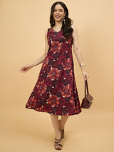 Maroon Floral Printed Sleeveless A-Line Midi Dress