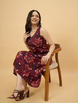 Maroon Floral Printed Sleeveless A-Line Midi Dress