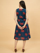 Blue Elephant Printed Sleeveless A-Line Midi Dress