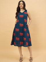 Blue Elephant Printed Sleeveless A-Line Midi Dress