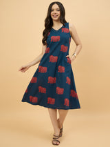 Blue Elephant Printed Sleeveless A-Line Midi Dress