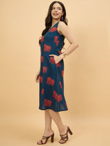Blue Elephant Printed Sleeveless A-Line Midi Dress