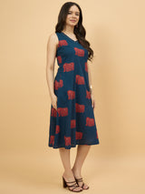Blue Elephant Printed Sleeveless A-Line Midi Dress