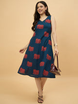 Blue Elephant Printed Sleeveless A-Line Midi Dress