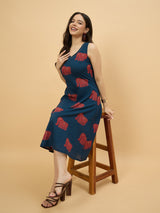 Blue Elephant Printed Sleeveless A-Line Midi Dress