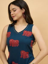 Blue Elephant Printed Sleeveless A-Line Midi Dress