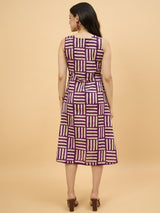 Purple Geometric Printed Sleeveless A-Line Midi Dress