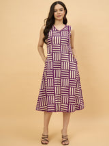 Purple Geometric Printed Sleeveless A-Line Midi Dress