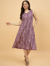 Purple Geometric Printed Sleeveless A-Line Midi Dress