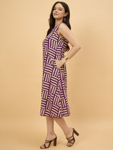 Purple Geometric Printed Sleeveless A-Line Midi Dress